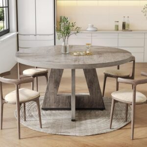 round 47 inch dining table for 4 to 6 with grey pedestal