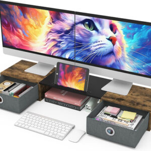 dual monitor stand riser for two monitors with two drawers