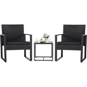 outdoor 3 piece patio furniture set with 2 black patio chairs and 1